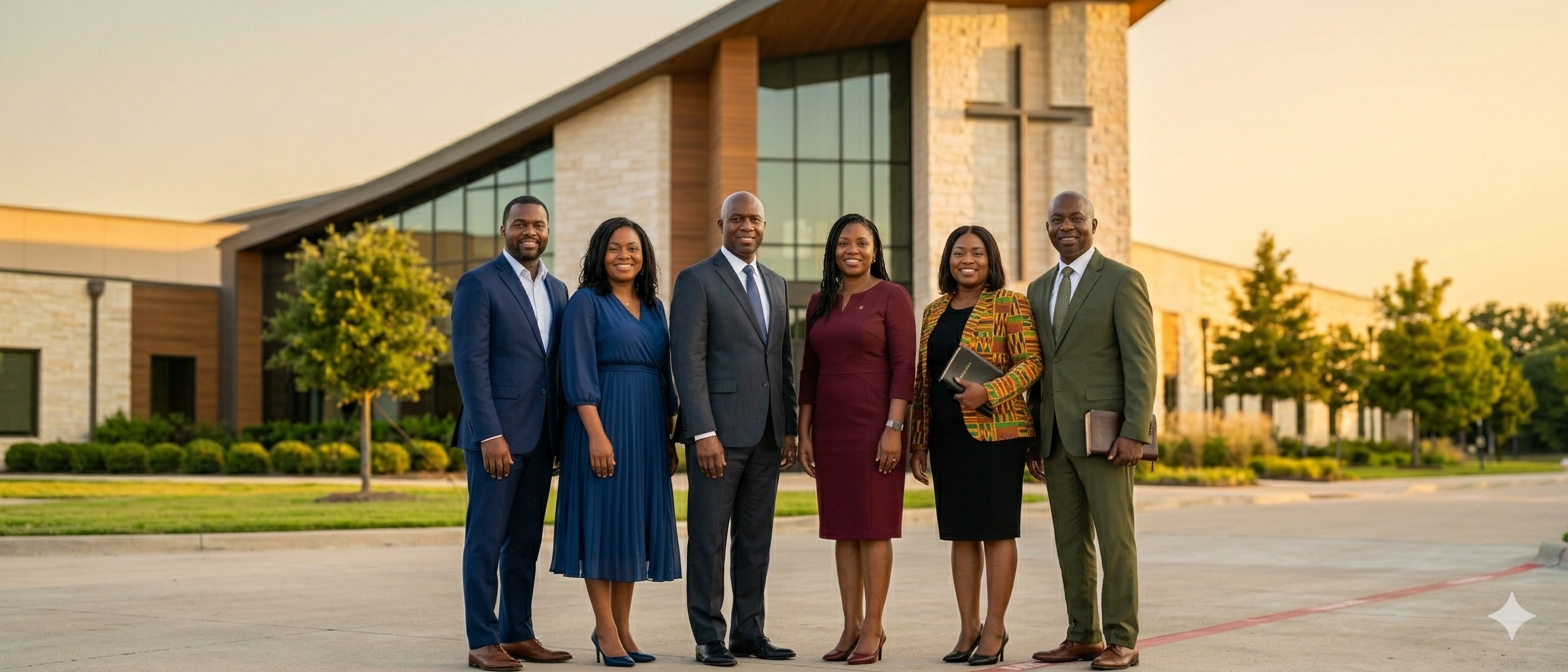 Church leadership team standing together — join thousands of leaders transformed by Jethro Academy