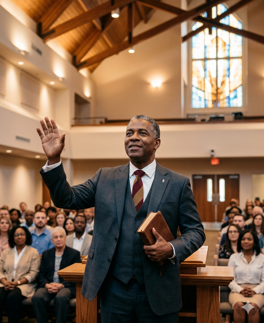 Pastor preaching to a congregation — church leadership in action, the mission behind Jethro Academy